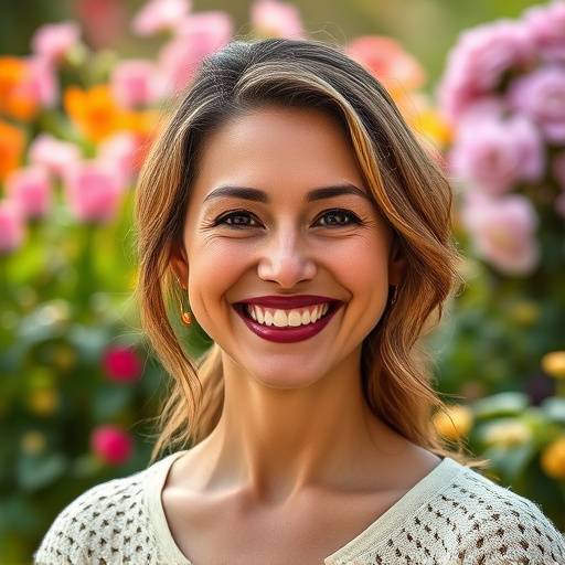 Retrato de uma mulher sorrindo em um jardim florido